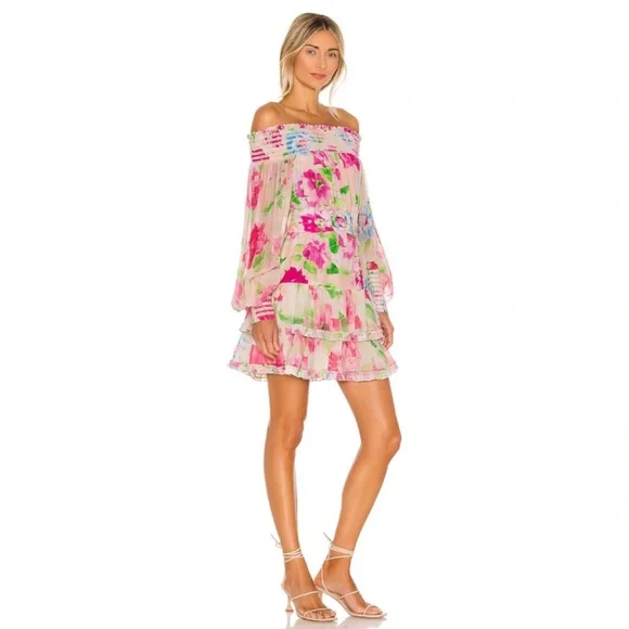 NWT Rococo Sand Alora Mini Off Shoulder Dress Floral Multi Pink Small - Picture 2 of 12